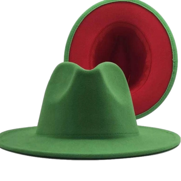 Passion of Essence Accessories - Two Color Green + Strawberry Felt Fedora Flat Brim Hat